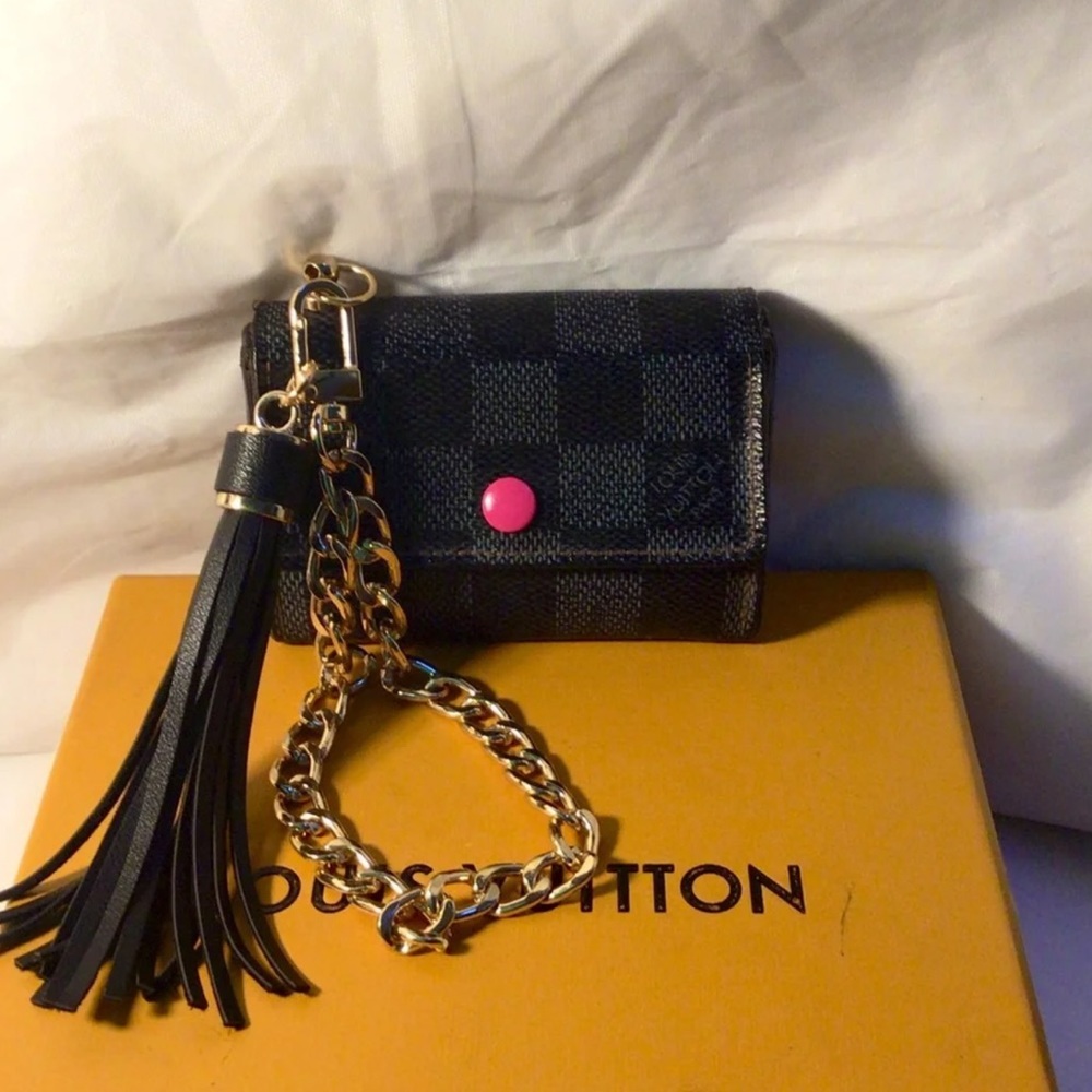 Louis Vuitton Black Damier Canvas Key Card Holder with Gold Chain and Pink Snap